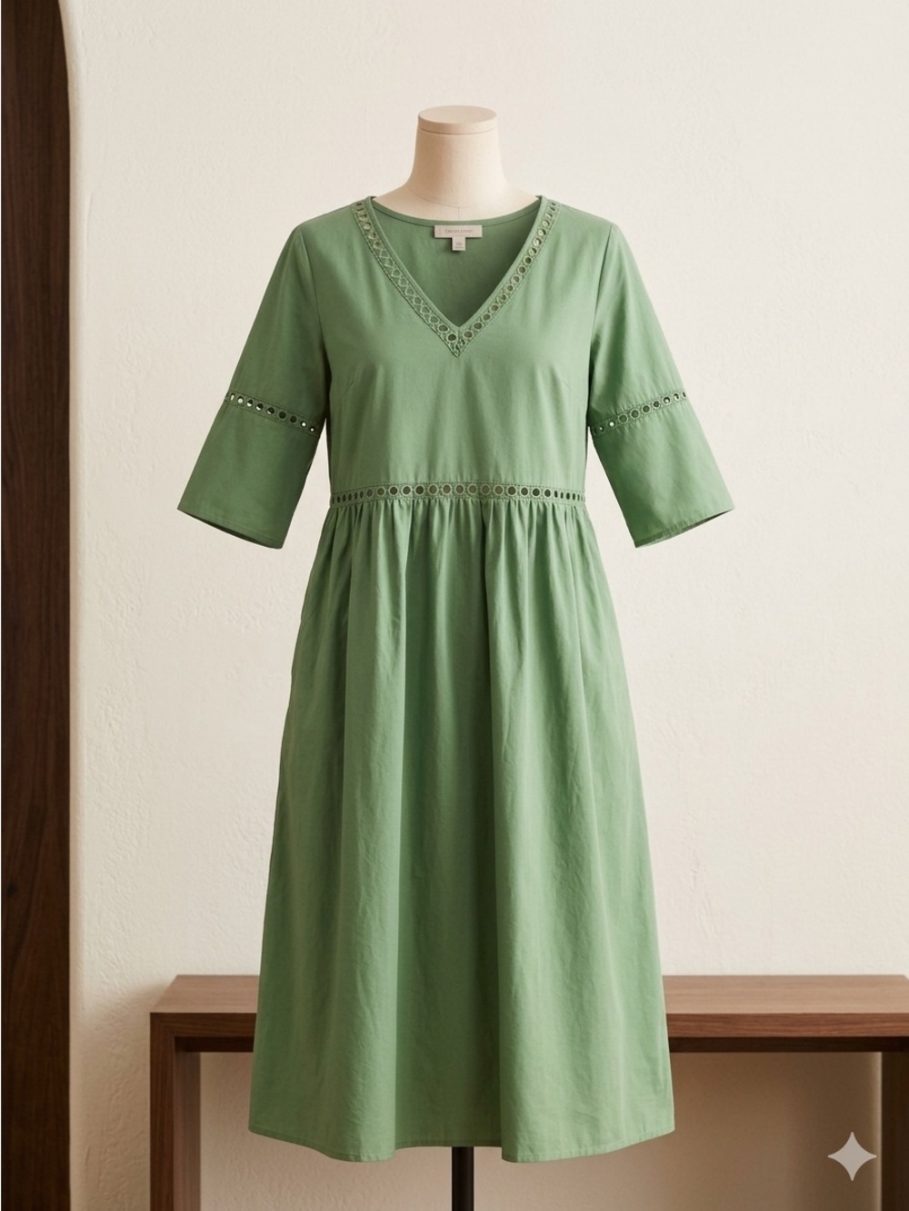 Classic V-Neck Eyelet Midi Dress in Sage Green